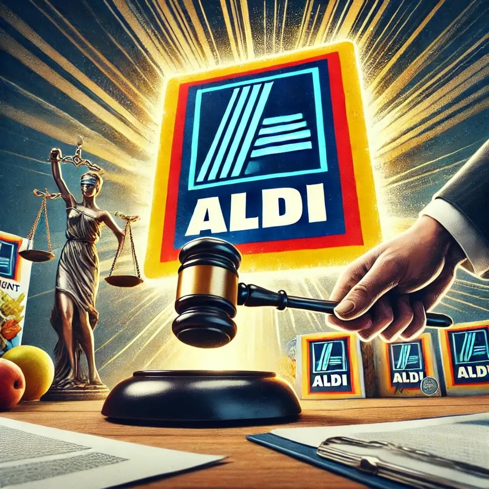 DALL·E 2025-02-06 17.29.38 - A dramatic illustration of a judge’s gavel striking down with the Aldi logo in the background, symbolizing a major copyright infringement ruling. The 