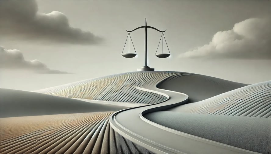 DALL·E 2025-04-11 15.17.54 - A minimalist conceptual landscape designed for a professional legal blog, representing the journey of justice and mediation. A lone path curves gently