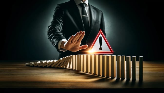 DALL·E 2025-04-16 16.10.52 - A professional business-themed image showing a person in a suit stopping a row of falling dominoes, representing risk management and resilience. The b