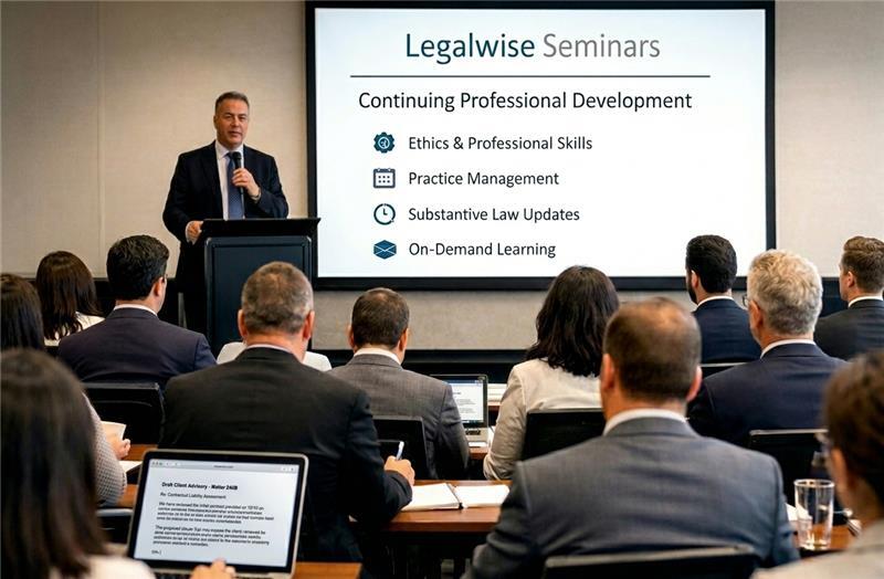 Lawyers attending a Legalwise Seminars CPD session in Australia, learning from an expert presenter.  
